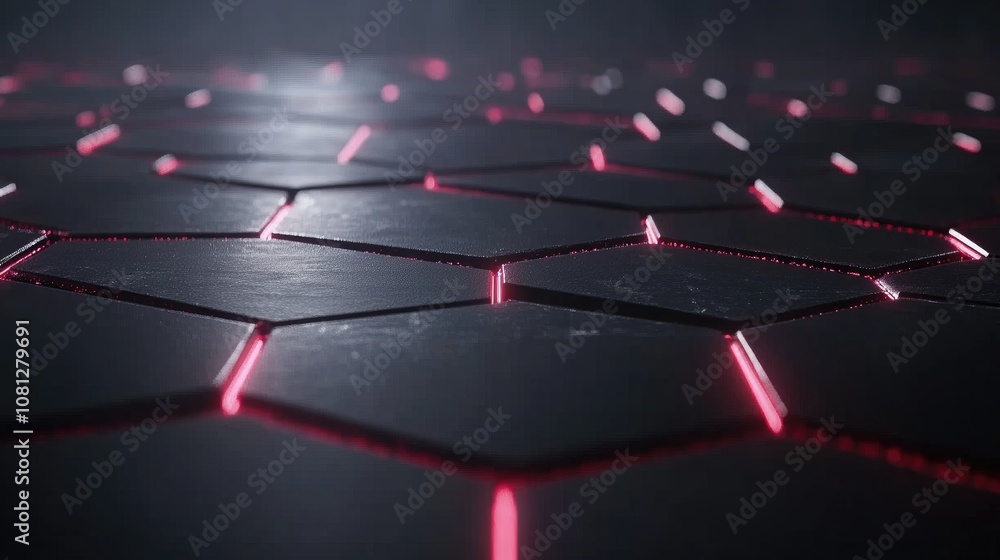 Poster abstract design featuring a dark hexagonal surface illuminated by glowing pink lines, creating a fut