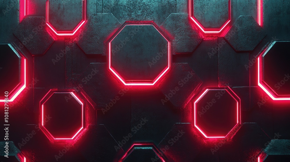 Poster futuristic abstract wall design with neon pink light accents and geometric shapes featuring octagona