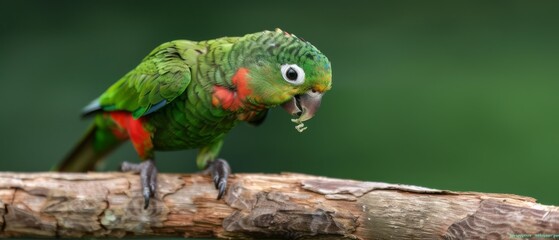 A vibrant green parrot on a branch enjoys a snack against a lush green backdrop, capturing the essence of wildlife and nature's beauty.