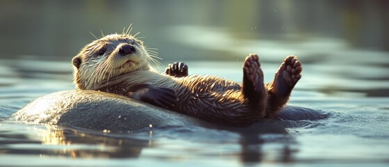 A blissful otter floats on its back in the gentle waves, soaking in the sun's embrace, embodying the carefree spirit and joy of the natural world.