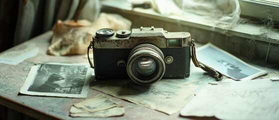 An antique camera rests among old photographs, evoking a sense of history and nostalgia within a vintage atmosphere.