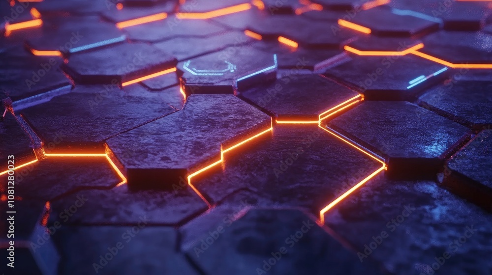 Poster futuristic hexagonal tile surface with glowing neon light lines creating an abstract background for 
