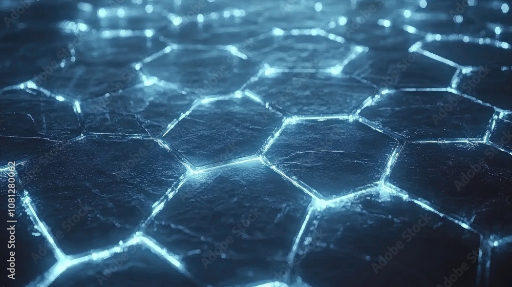 Poster abstract close-up of illuminated hexagonal pattern on dark surface representing technology and futur