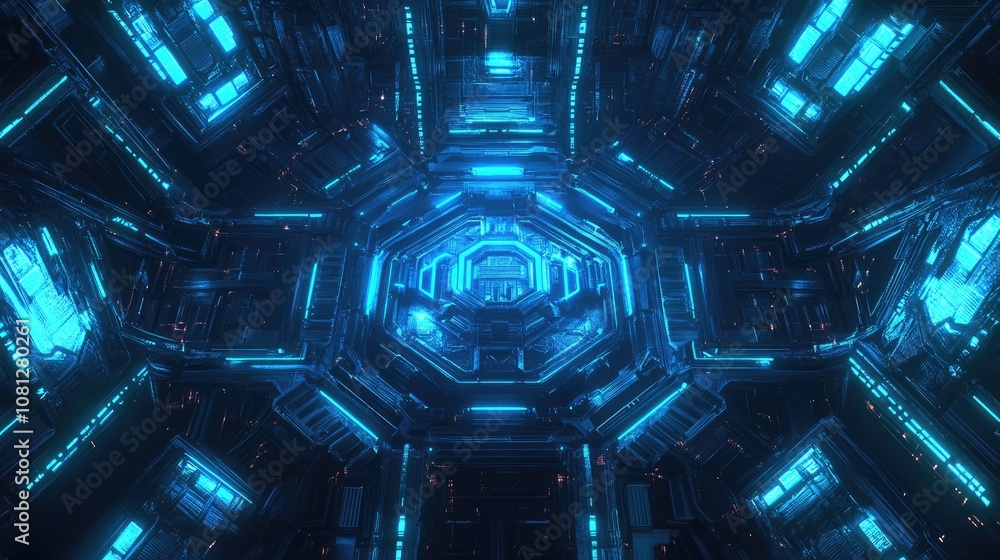 Poster Futuristic sci-fi background featuring glowing blue lights and complex metallic structures creating a mesmerizing high-tech atmosphere perfect for technology-themed projects.