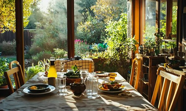 Bohemian dining room with vibrant textiles, eclectic decor, and a view of a lush garden