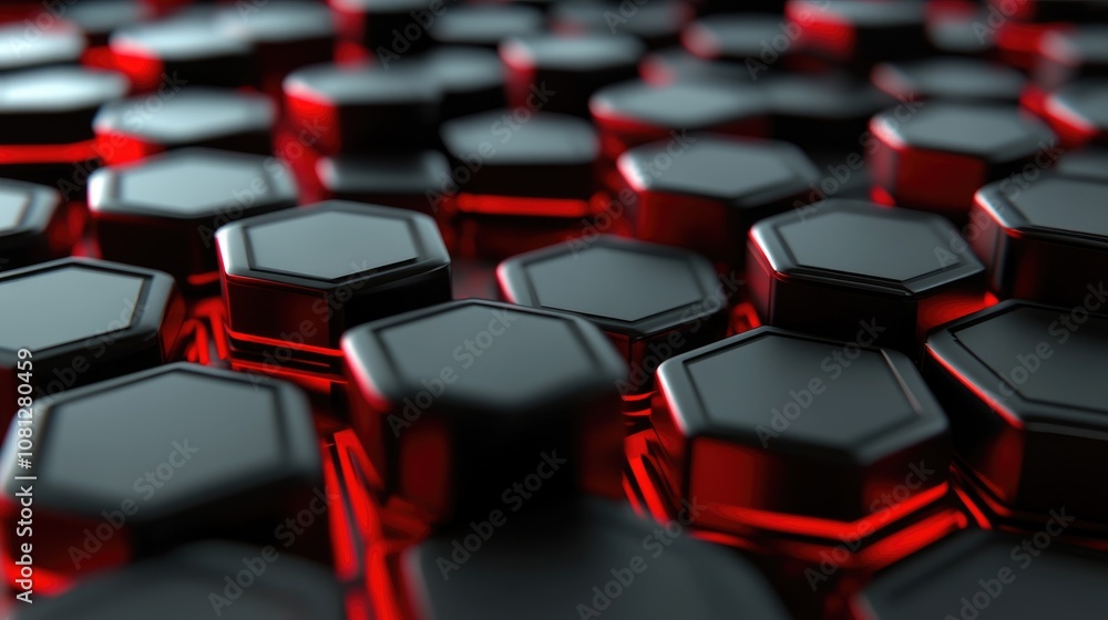 Poster abstract hexagonal pattern in red and black colors with shiny surface, creating a futuristic and hig