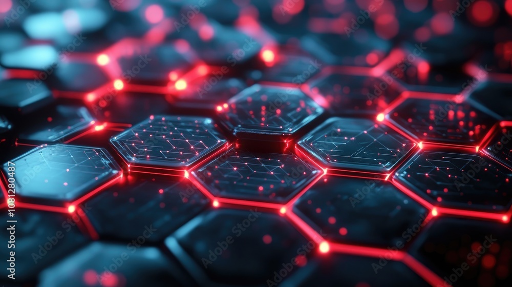 Poster abstract red neon hexagonal pattern with glowing dots and lines, futuristic background for technolog