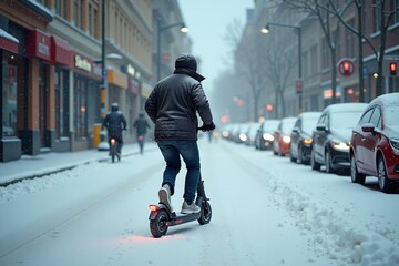 Fototapeta premium person riding an electric scooter down a snow-covered city street