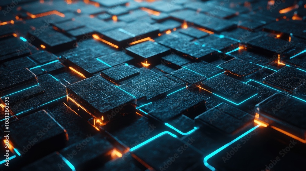 Poster abstract digital background featuring glowing neon blocks in black texture, ideal for technology, sc