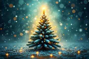 Glowing Christmas tree with magical bokeh lights in snow