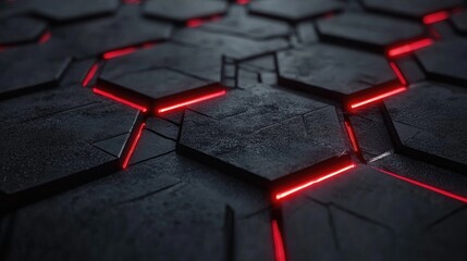Fototapeta premium Futuristic Hexagonal Tiles with Illuminated Red Lines in a Dark Setting for Modern Design, Technology, and Abstract Backgrounds