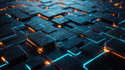 Obraz premium Abstract Digital Background Featuring Glowing Neon Blocks in Black Texture, Ideal for Technology, Science, and Futuristic Concepts in Design and Art Projects