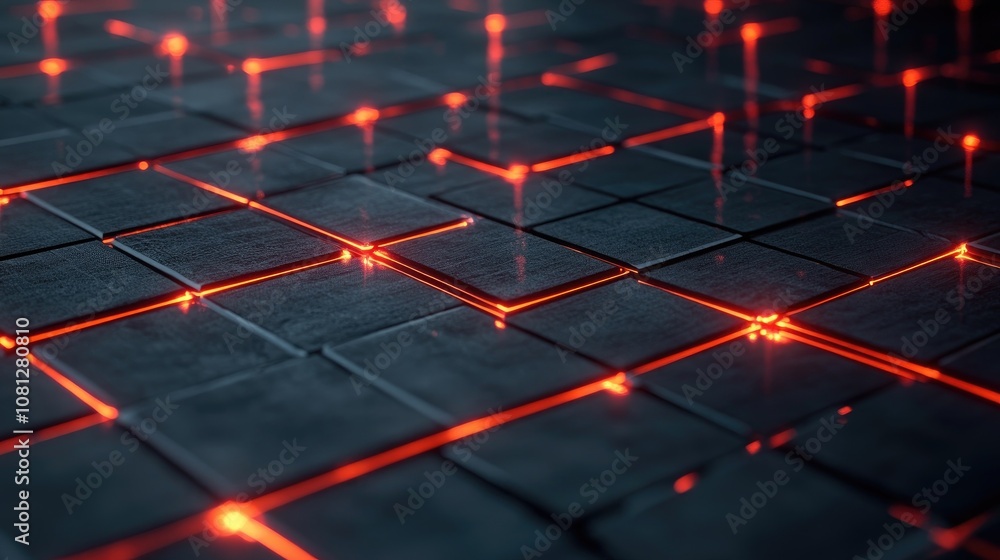 Poster abstract glowing tiles with luminous red accents on a dark textured surface, creating a modern and f