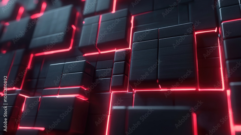 Poster futuristic abstract background featuring black cubes with neon red lines creating a digital and tech