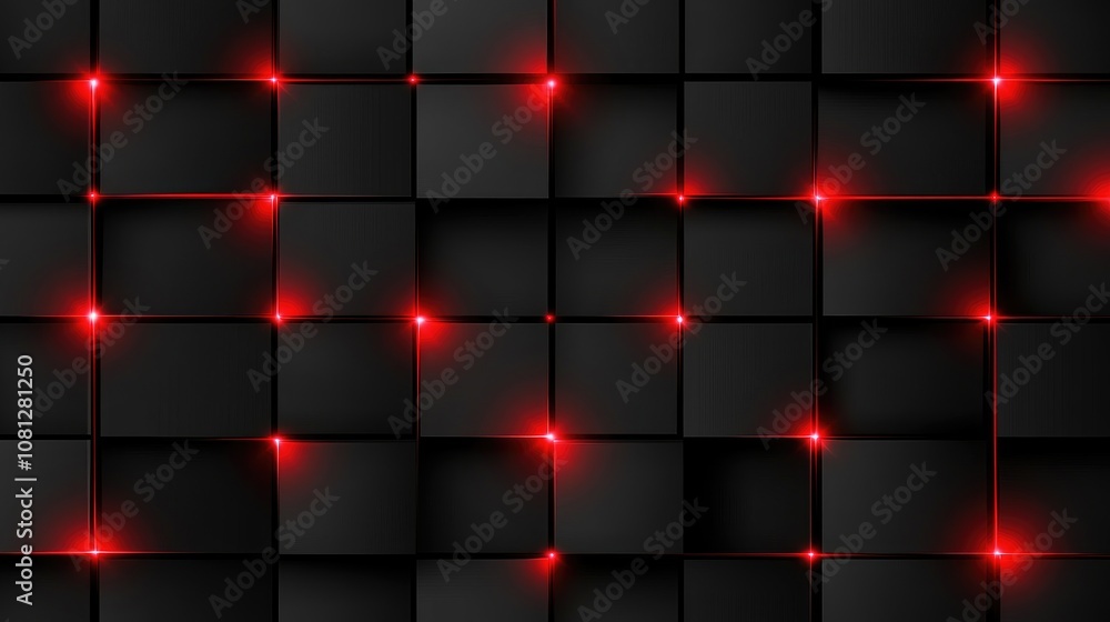 Poster abstract black and red square pattern featuring glowing red dots, ideal for tech, digital, or modern