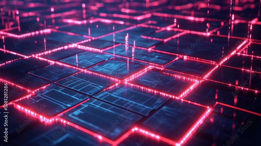Aufkleber futuristic digital landscape featuring glowing neon grid patterns and vibrant light effects illumina