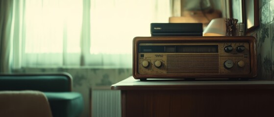 A retro radio sets a nostalgic tone in a softly lit room, whispering melodies of the past into the present.