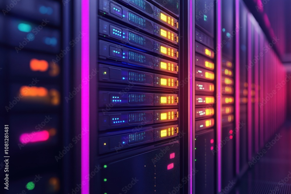 Poster a row of servers in a data center with glowing lights, representing the power of technology and digi