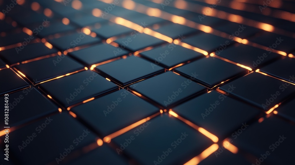 Poster abstract close-up of glossy tiles with glowing edges creating a mesmerizing pattern of light and sha