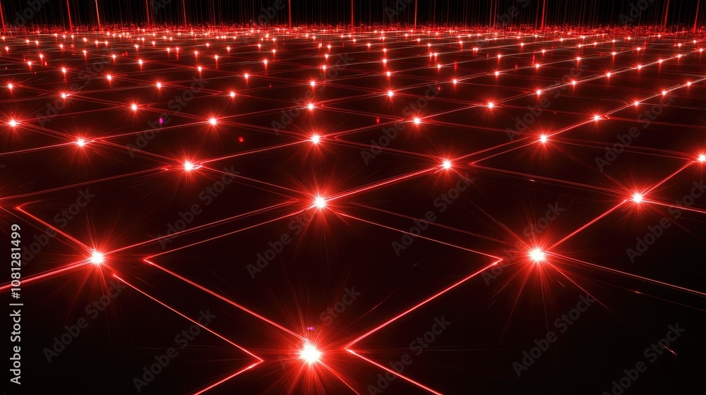 Poster futuristic red laser grid background with glowing points on a dark surface creating a high-tech digi