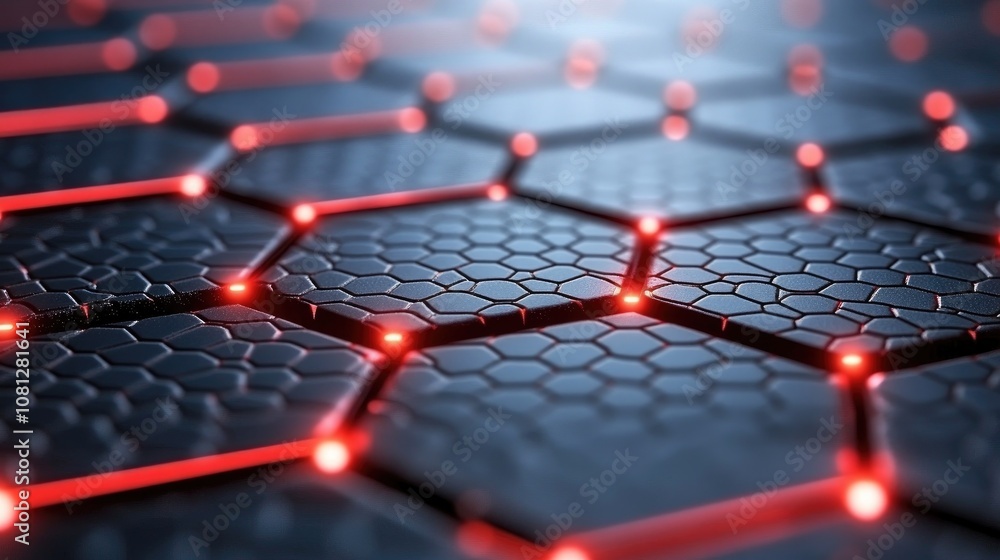 Poster abstract 3d background with hexagonal pattern and glowing red lines on a dark surface, perfect for t