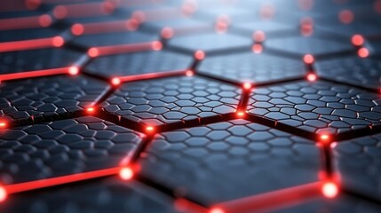 Obraz premium Abstract 3D Background with Hexagonal Pattern and Glowing Red Lines on a Dark Surface, Perfect for Technology or Science-Themed Designs and Presentations