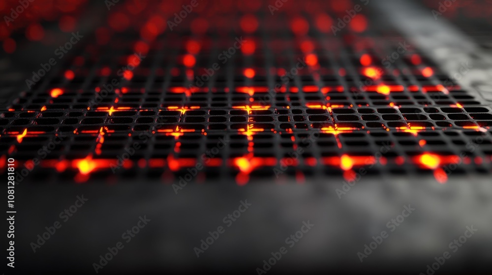 Poster abstract representation of glowing red lights on a textured black surface, creating a striking contr