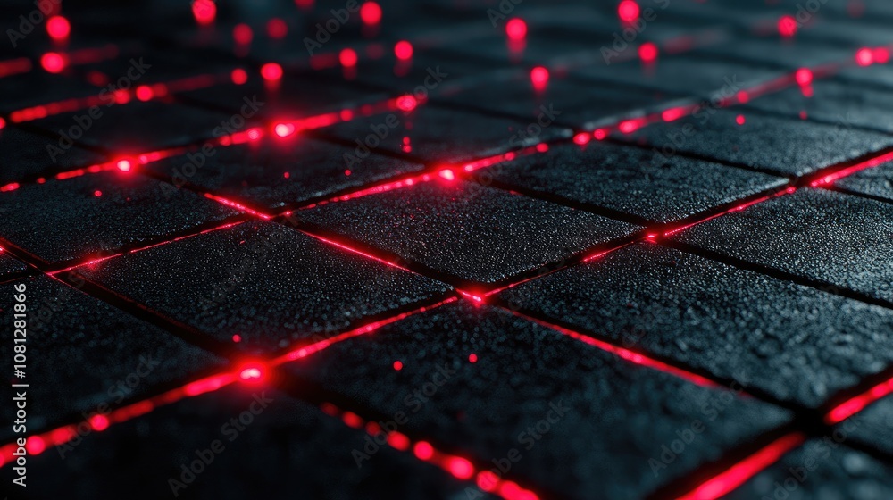 Poster abstract background of a dark surface with glowing red laser dots creating a digital and futuristic 