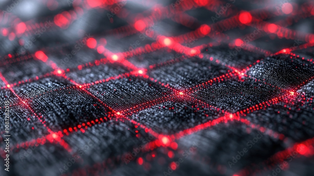 Poster Abstract Close-Up of Black Fabric with Red Light Grid Pattern, Shimmering Texture and Depth, Creating an Engaging Visual Background for Design Projects