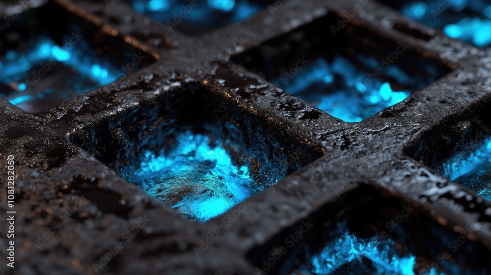 Poster Close-Up View of a Textured Metallic Surface with Illuminated Blue Glowing Elements Highlighting Intricate Details and Unique Patterns