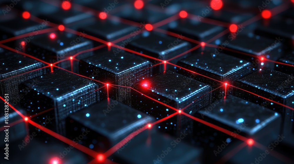 Poster abstract close-up of a digital grid with glowing red lines and sparkling lights, representing modern