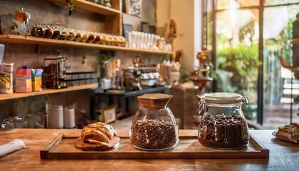 Artisan Coffee Bar Display Featuring Freshly Ground Coffee Beans, Gluten-Free Baked Goods, and Organic Condiments for a Sophisticated and Cozy Home Cafe Experience