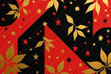 Golden leaves and stars on red and black background