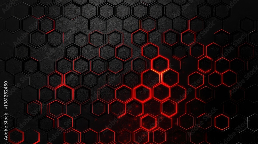 Poster abstract geometric pattern with hexagonal shapes in dark background, featuring striking red highligh