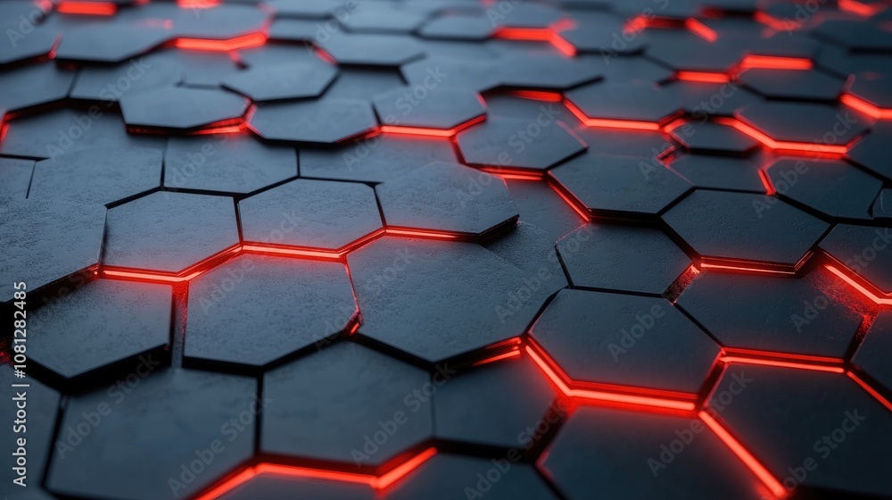 Poster futuristic hexagonal background with glowing red lines on a dark surface suitable for technology and
