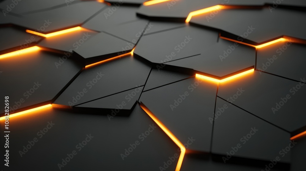 Poster modern abstract background with black hexagonal shapes and glow effect in orange color lighting up t