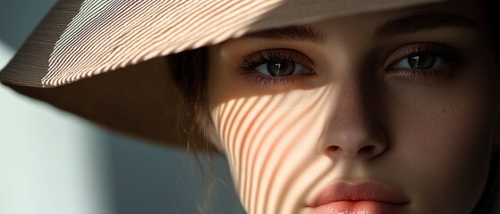 A woman's face basks in sunlight filtered through a striped hat, casting mesmerizing shadows that dance across her serene expression.