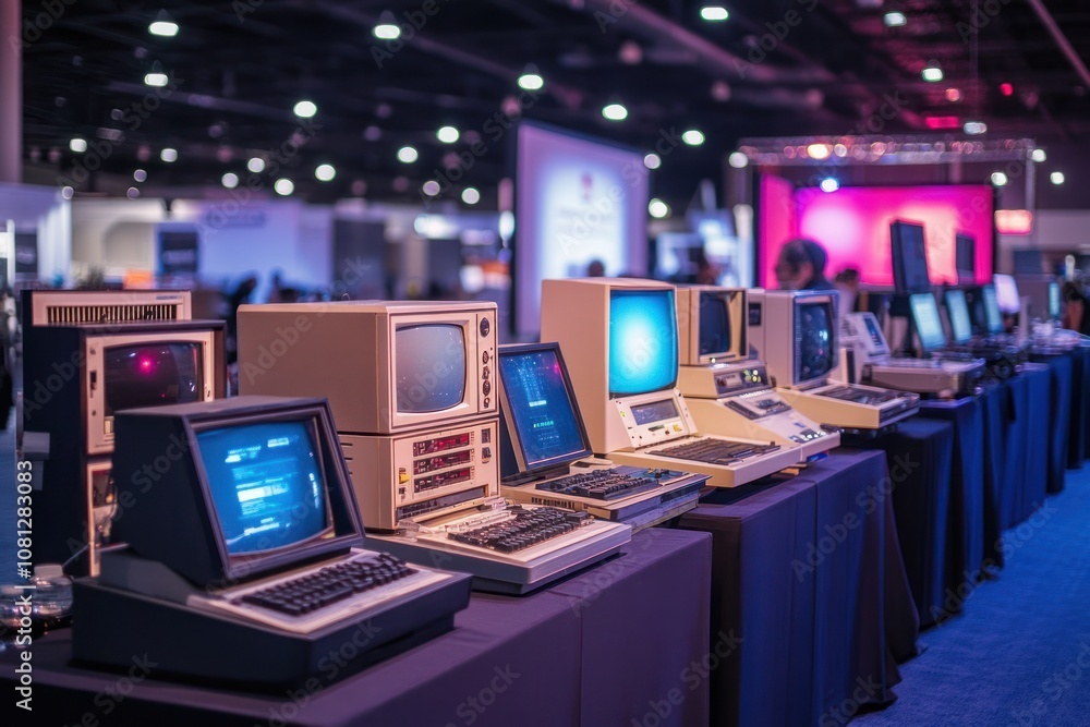 Poster a row of vintage personal computers on display at a technology convention.
