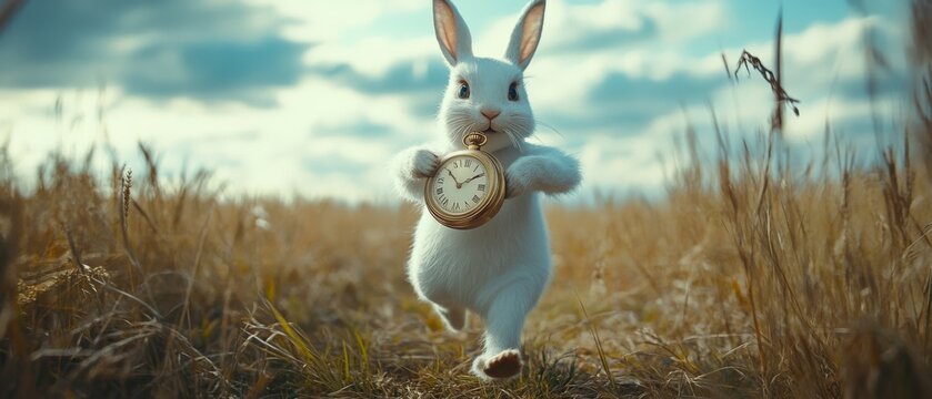 A dashing white rabbit runs through a golden field with a large clock, inspired by whimsical tales of urgency and wonder.