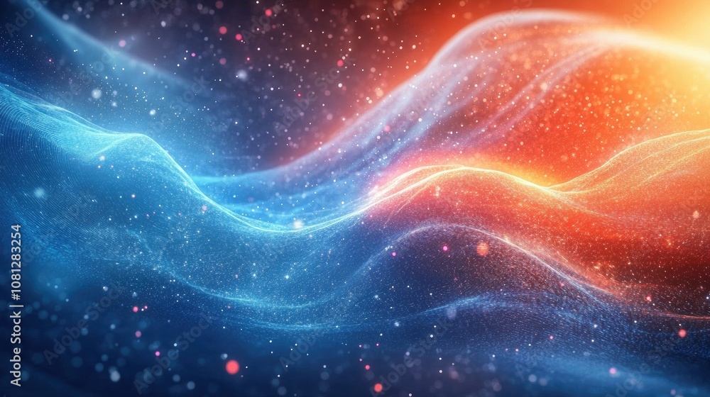 Poster abstract waves of light in blue and orange with sparkles, creating a dreamy background suitable for 