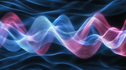 Fototapeta premium Abstract flow of colorful light waves in blue and pink hues, creating a mesmerizing visual representation of energy and motion against a dark background.