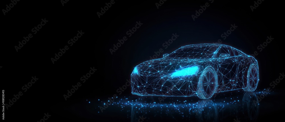 Poster a digital representation of a car created with glowing network lines.