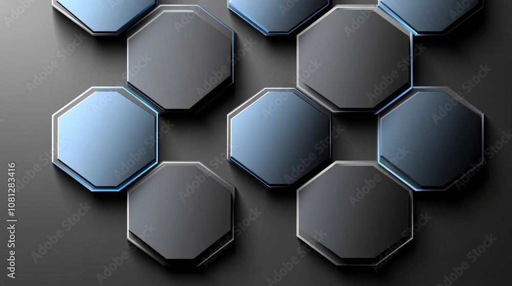 Poster abstract background of interlocking hexagons with metallic shine and reflective surfaces, creating a