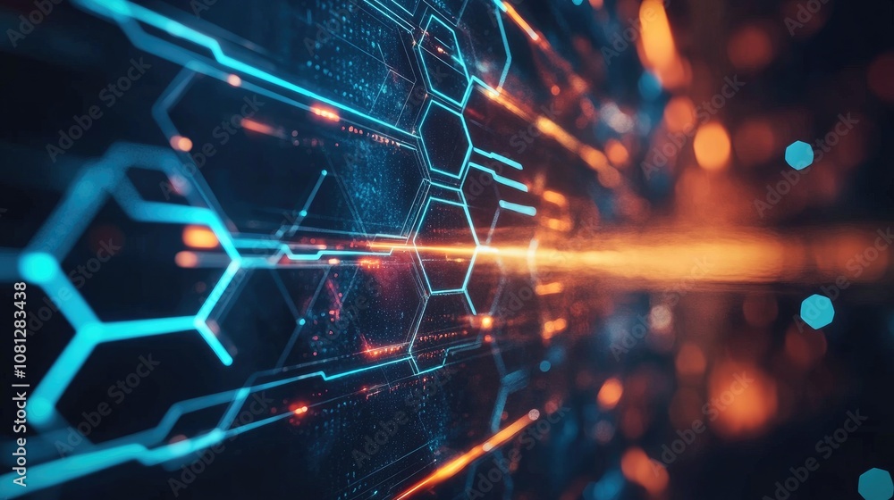 Poster futuristic abstract technology background with glowing hexagons and lines creating a dynamic digital