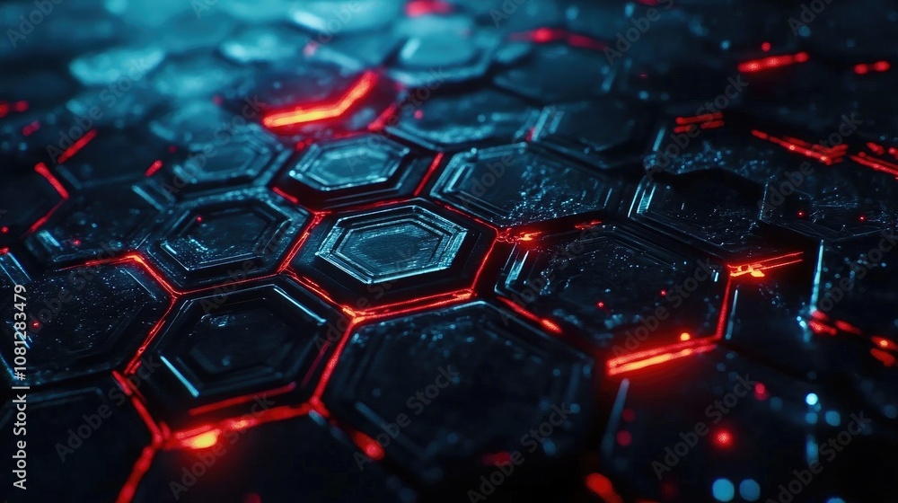 Poster abstract close-up of futuristic hexagonal pattern with glowing red lines and dark reflective surface