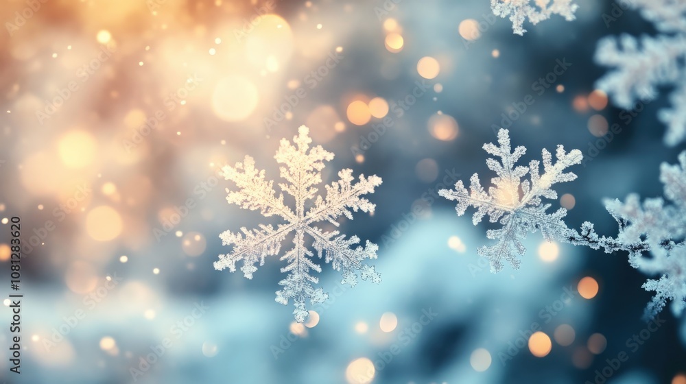Poster delicate snowflake with bokeh lights in a winter scene