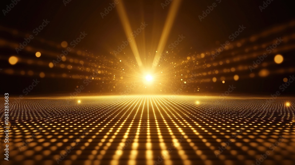 Poster golden illumination background with abstract dots, shimmering lights and rays of light creating a ma