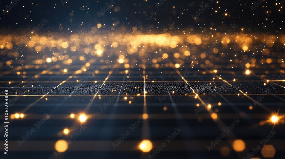 Poster abstract golden light particles on dark background with grid pattern, creating a magical, dreamlike 