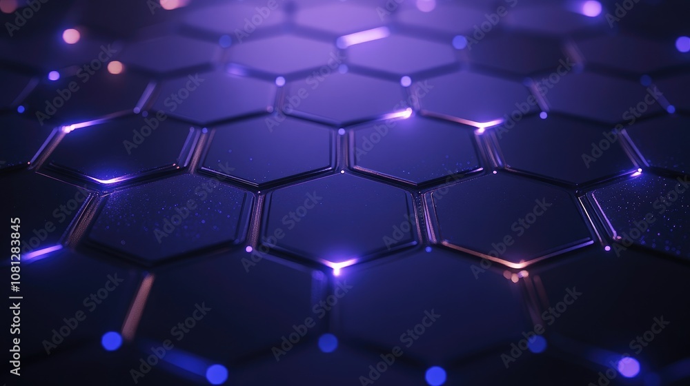 Poster intricate hexagonal pattern with reflective surface and neon glow lighting, ideal for abstract backg