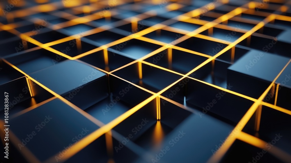 Poster abstract close-up of a modern grid pattern with warm lighting effects, showcasing lines and boxes in
